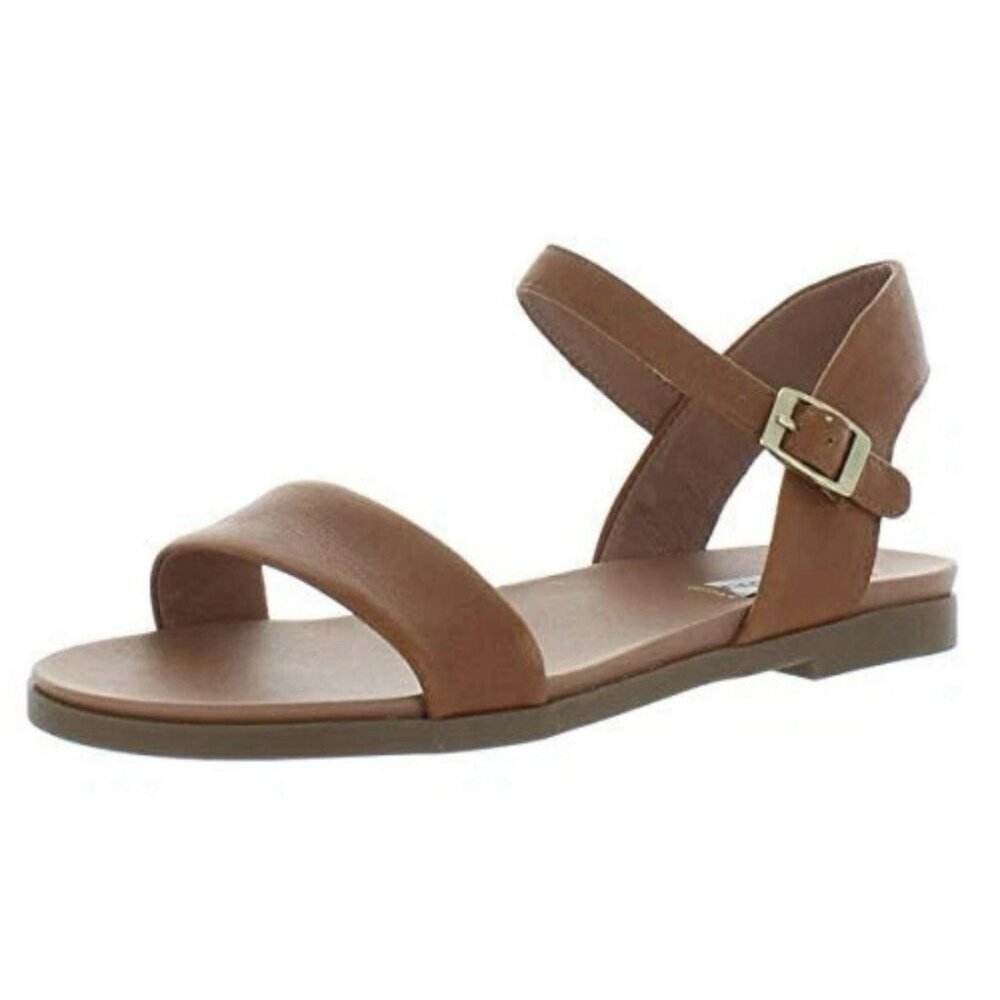 STEVE MADDEN WOMEN'S Size 7.5 Dina TAN LEATHER Flat SANDALS Buckle Ankle Strap